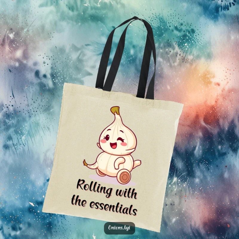 Funny tote bag featuring an onion character winking and riding a rolling garlic clove, a humorous travel companion.