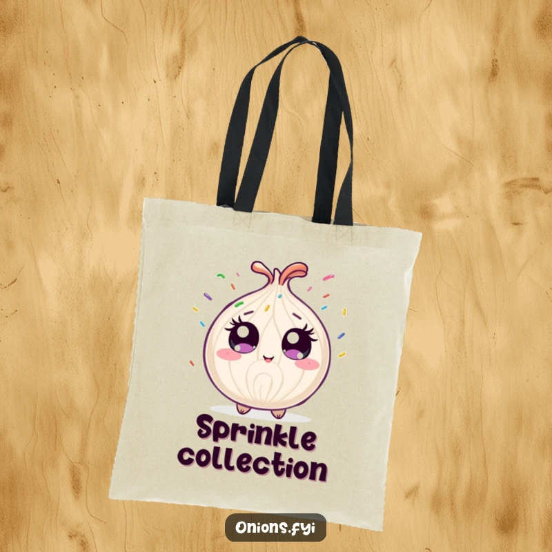 Funny onion character showered by rainbow sprinkles, a humorous and useful tote bag for grocery shopping.