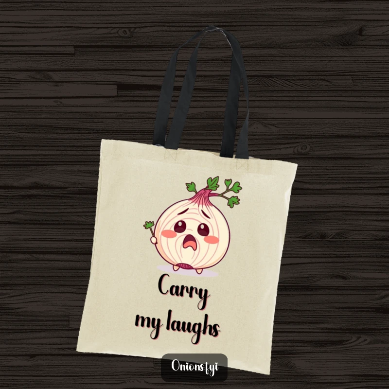 Funny tote bag with an onion character in exaggerated surprise, being tickled by a parsley sprig, perfect for humorous errands.