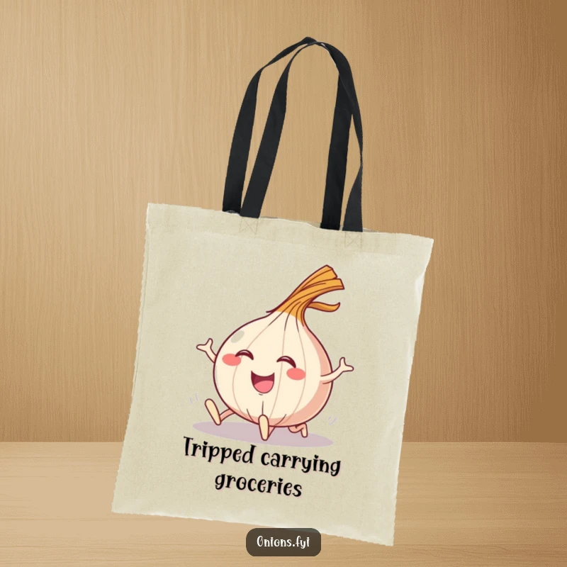 Funny tote bag with a happy onion character tripping and landing with a comical flourish.