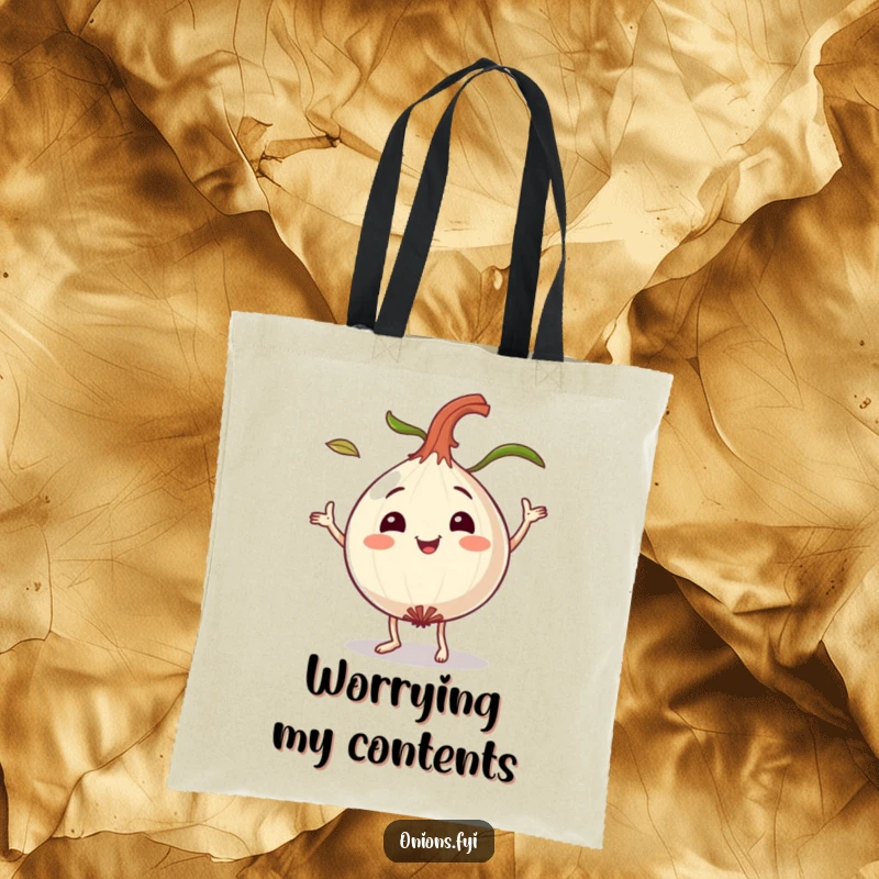 Funny dancing onion tote bag, a smiling onion character playfully dancing with leaves flying, a cheerful accessory.